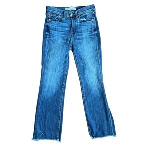 AYR The Pop Straight Leg Jeans Stretch Denim Mid Rise Raw Fray Hem Size 28